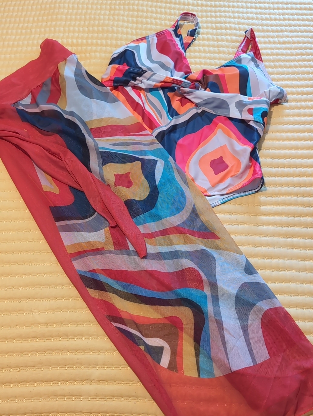 Multicolor Geometric Swimsuit with Matching Sarong